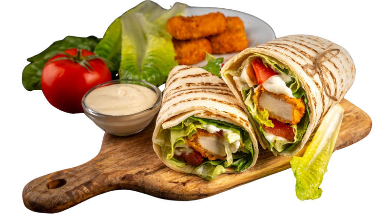 Kebab wraps served on a wooden board